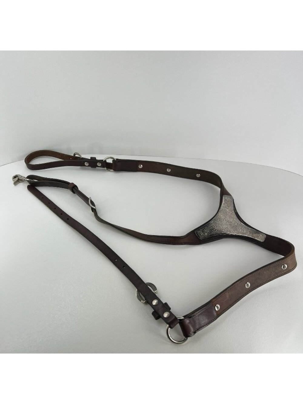 Western Leather Horse Breast Collar Silver Tone Engraved Show Tack Adjustable